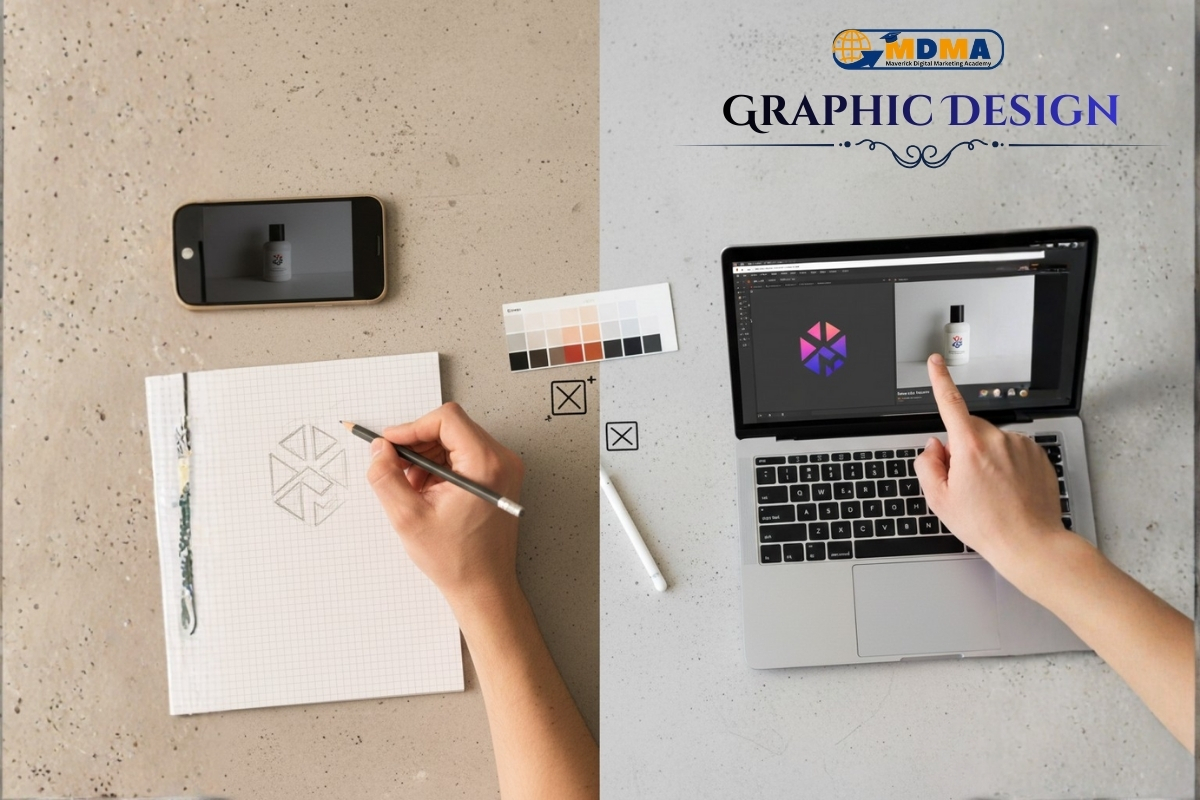 A vibrant, clean workspace with a designer's desk showing a laptop with graphic design software, color swatches, sketches of logos, and modern office plants. Graphic designer in creating a brand identity system with color palettes and digital tools for visual marketing.